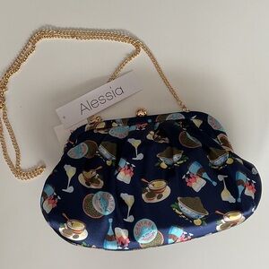 Alessi Navy Blue Caviar Satin Clutch with Colorful Print NWT